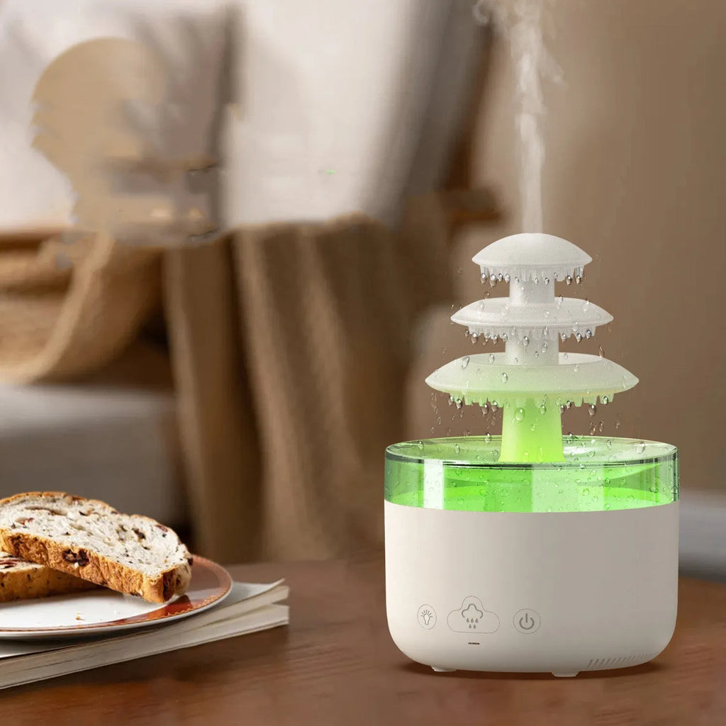 White cloud-shaped humidifier with colourful LED lights and mist output