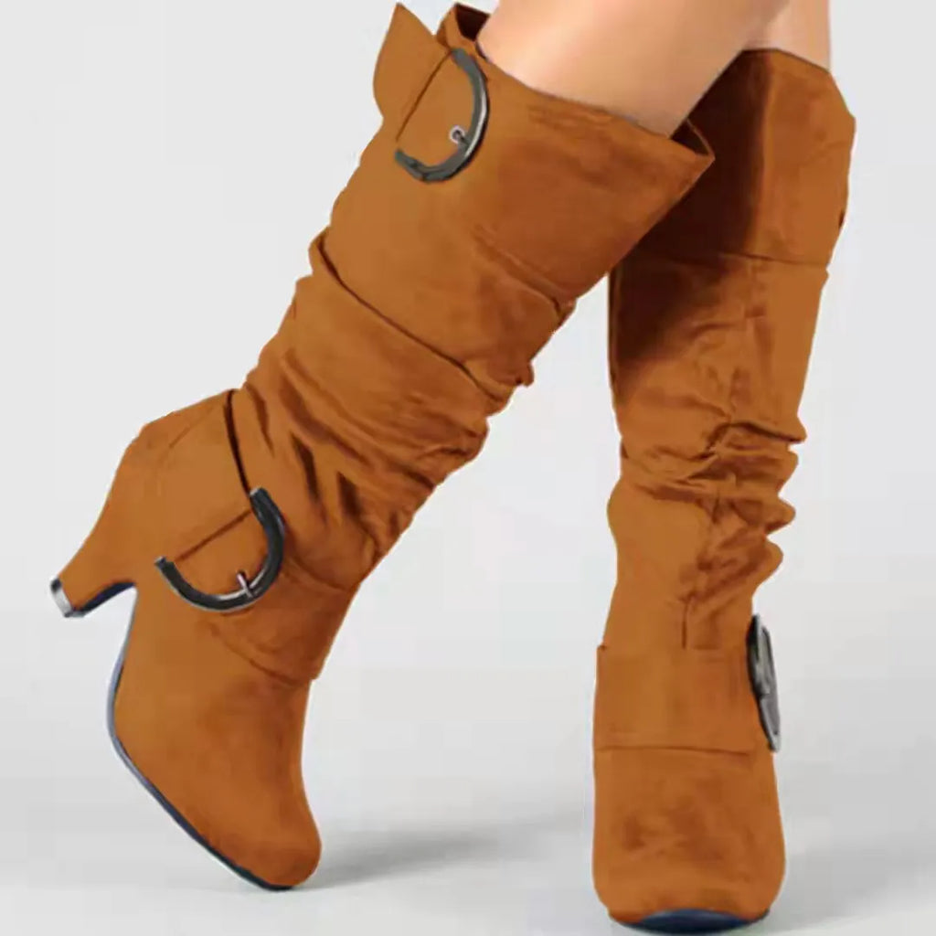 Women's brushed velvet suede boots with high cylinder, tapered heel, and round toe in multiple colours