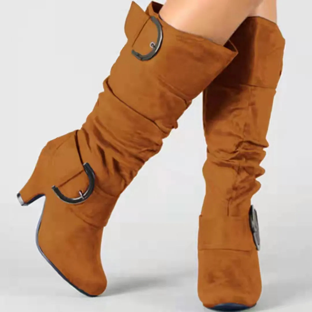 Women's brushed velvet suede boots with high cylinder, tapered heel, and round toe in multiple colours