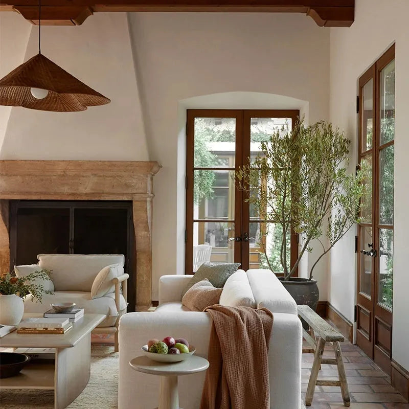 Silent Style rattan woven ceiling lamp in natural colour, shown in a zen-inspired room setting.