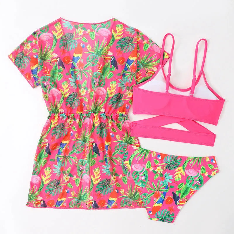 Girls' floral print bikini swimsuit with split overlay design in picture colour