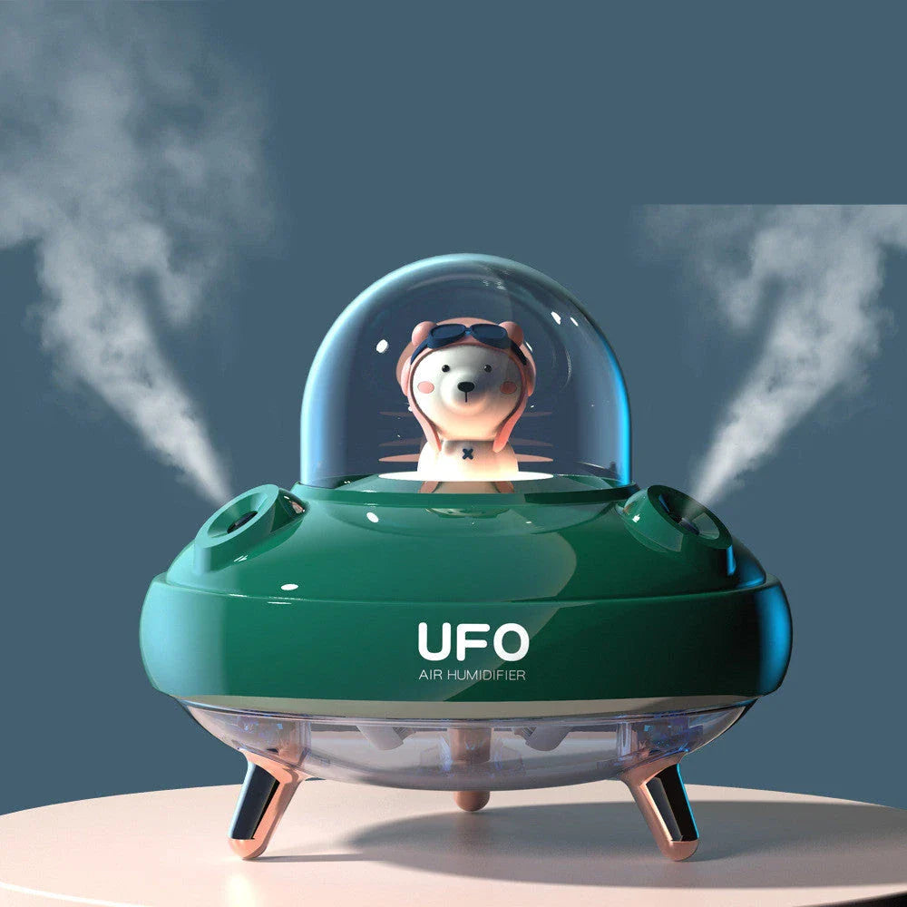 Wireless UFO-shaped air humidifier with dual nozzles and cute cartoon bear design, perfect for adding moisture and style to any Kiwi home