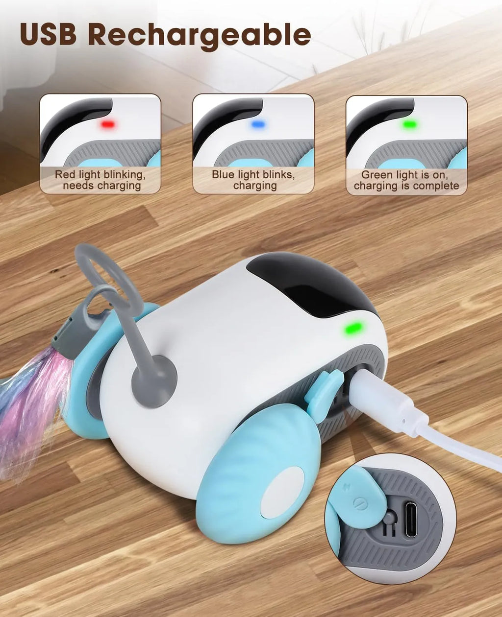 Smart electronic cat toy car with feather attachment on hard floor