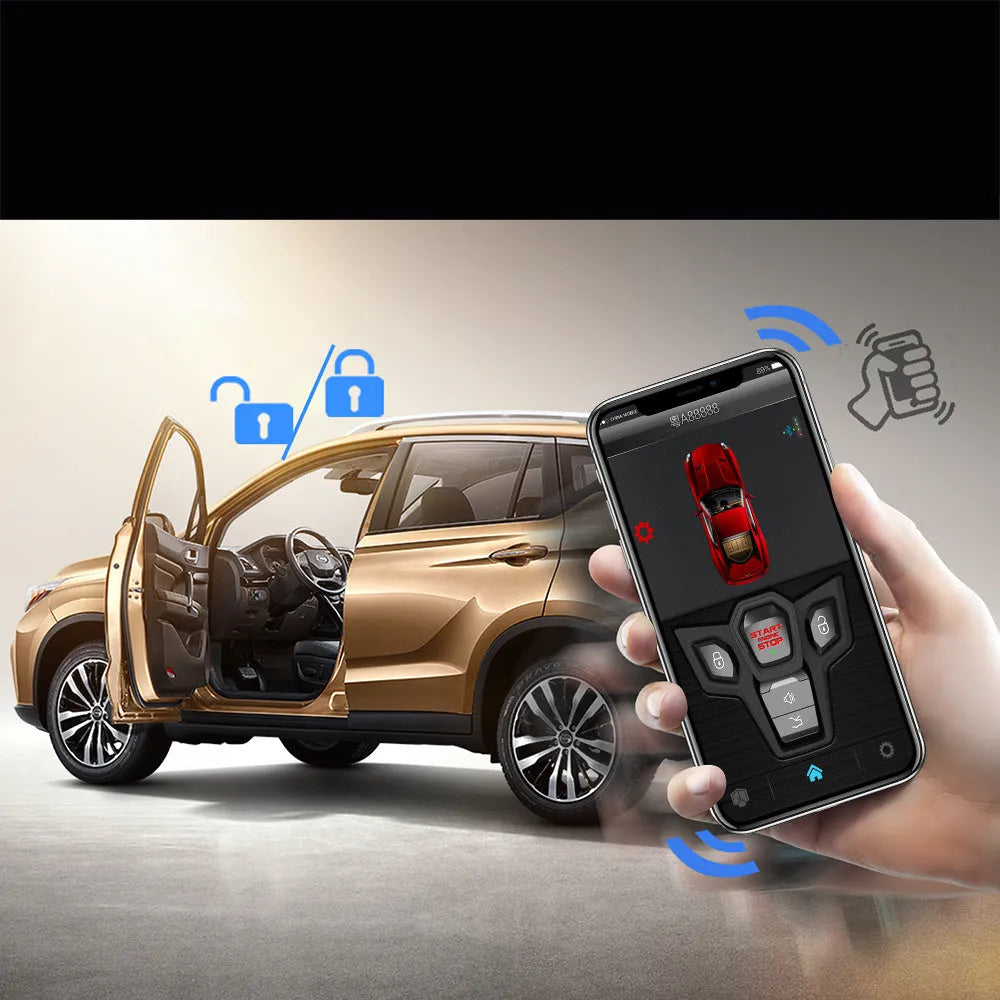 Red and frosted black one-way remote car alarm system with two remotes for vehicle security.