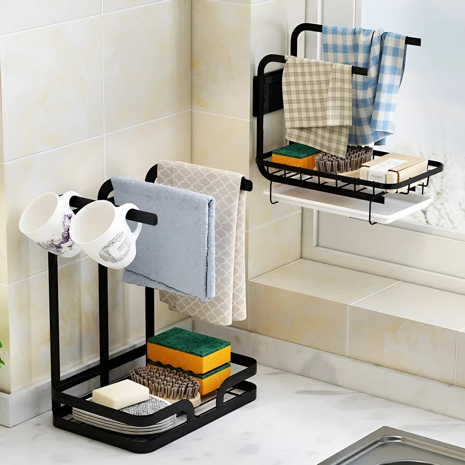 Foldable plastic kitchen storage rack for rags with wall and desktop mounting options