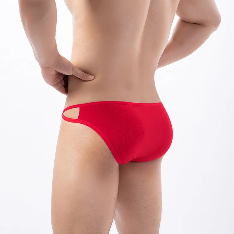 Men's ultra-thin ice silk quick-drying low-waist briefs in solid colour, rib knit polyester, front view