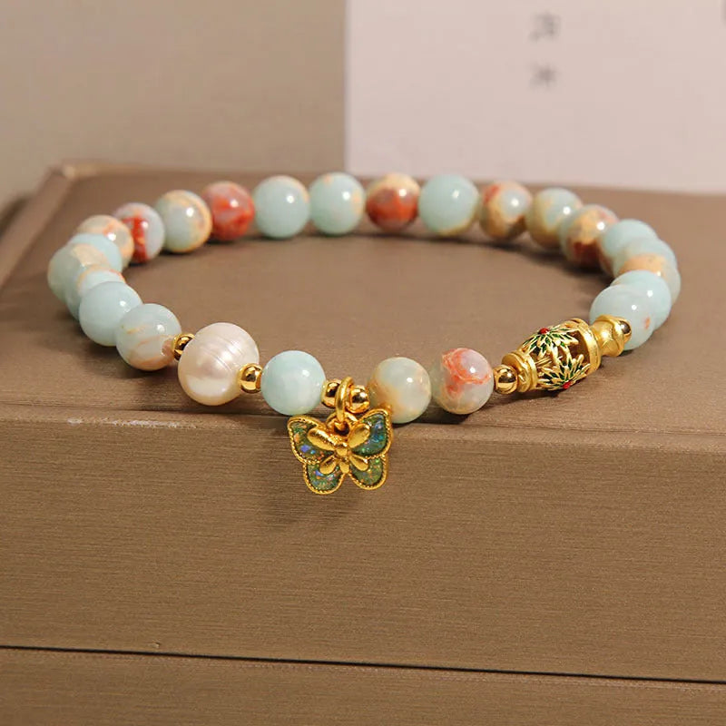 Blue freshwater pearl and Shoushan stone women's bracelet with butterfly pendant in minority-inspired design