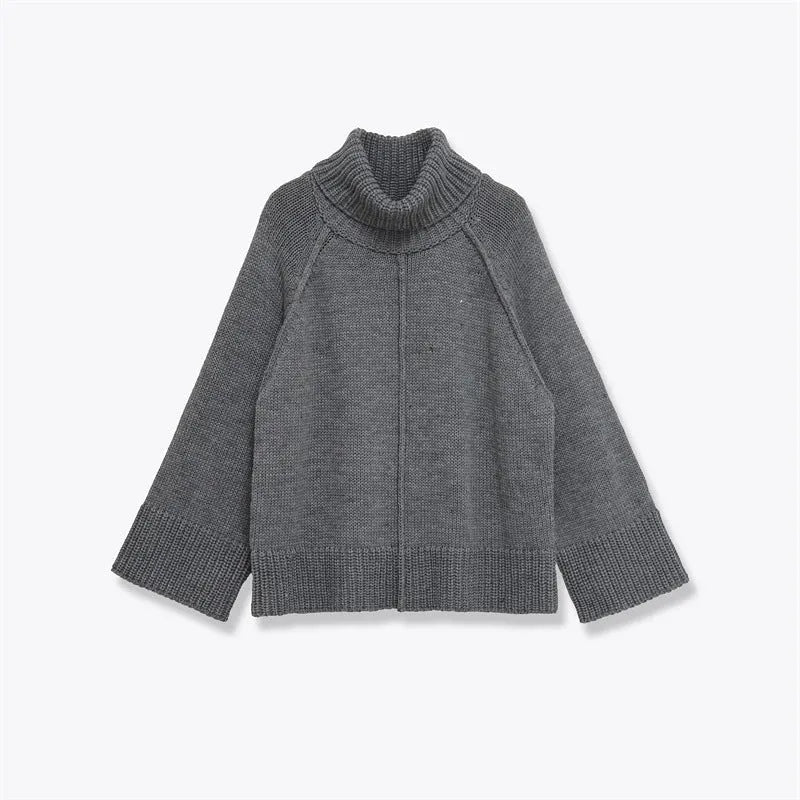 Women's casual loose stand-neck knit sweater in grey with contrast stripes, front view