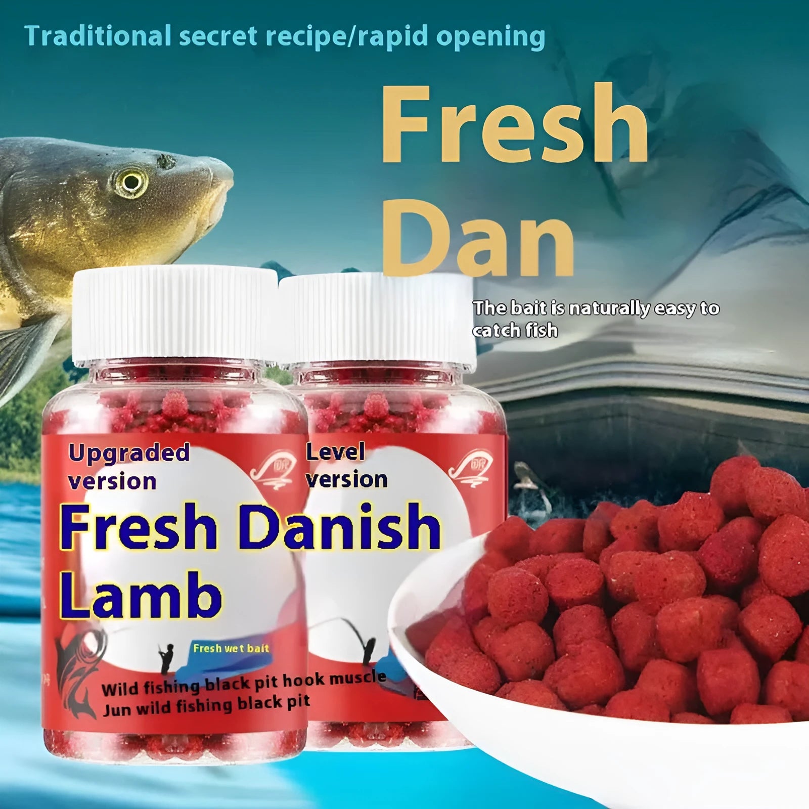 Bottle of Fresh Red Lazy Particle fishing bait for crucian carp and freshwater fish.