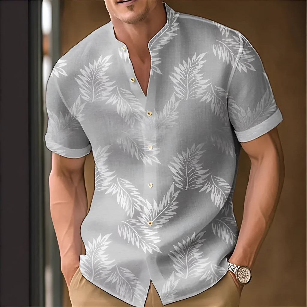 Men's printed casual shirt on a hanger, showing one of eight available colour options.