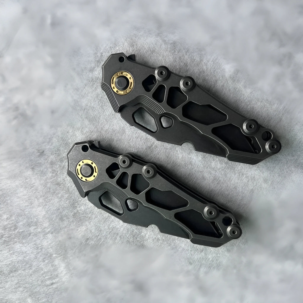 D2 steel folding knife with 9cm blade on outdoor background