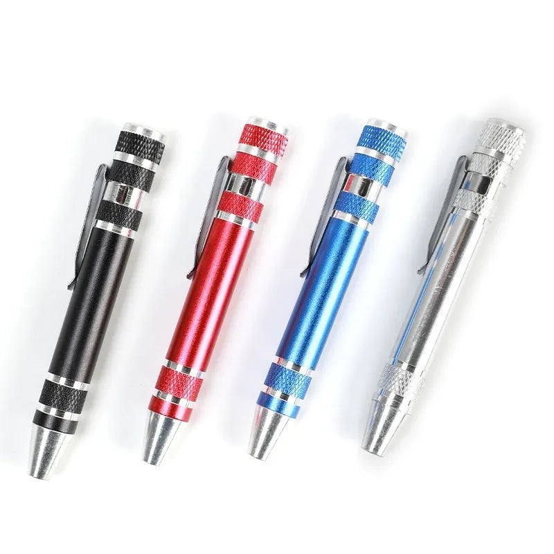 Aluminium alloy pen-style 8-in-1 screwdriver set with multiple bits and 107mm shaft.