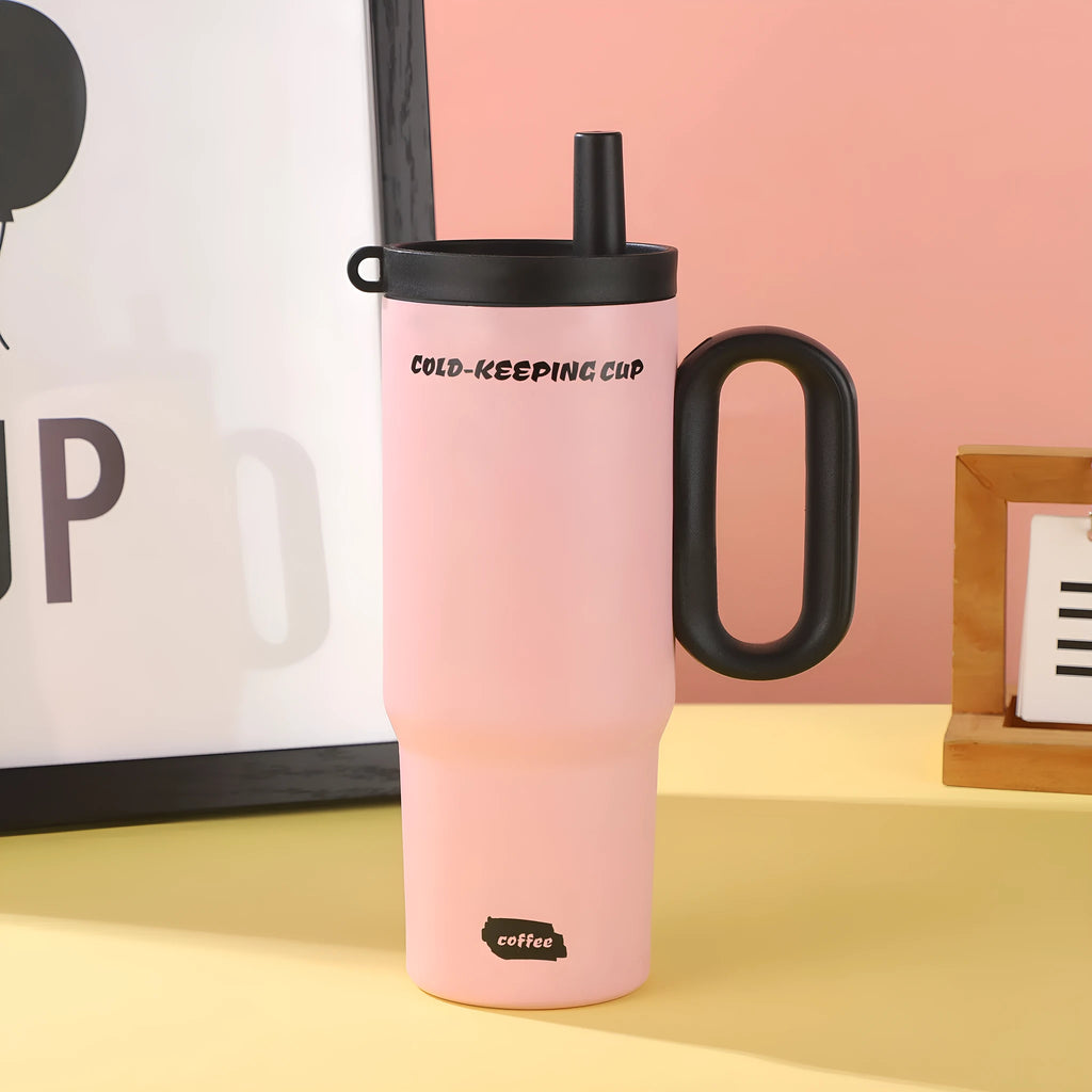 Portable straw cup with carry handle in multiple colour options showing heat preservation and cold storage properties