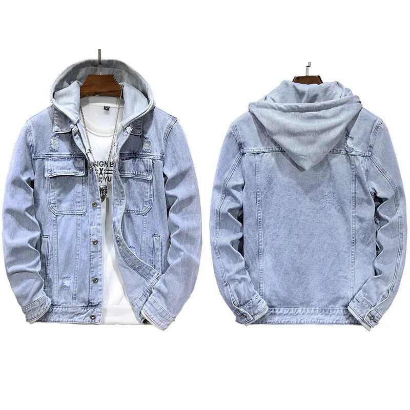 Men's light blue detachable hooded denim jacket with side seam pockets, regular fit, long sleeves