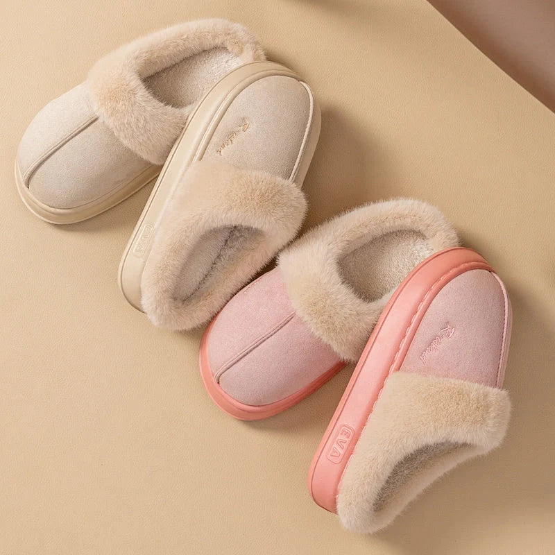 Winter fluffy slippers with non-slip soles in pink, khaki, white, and grey