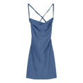 Blue strap backless skinny sheath dress with high waist and sleeveless polyester design