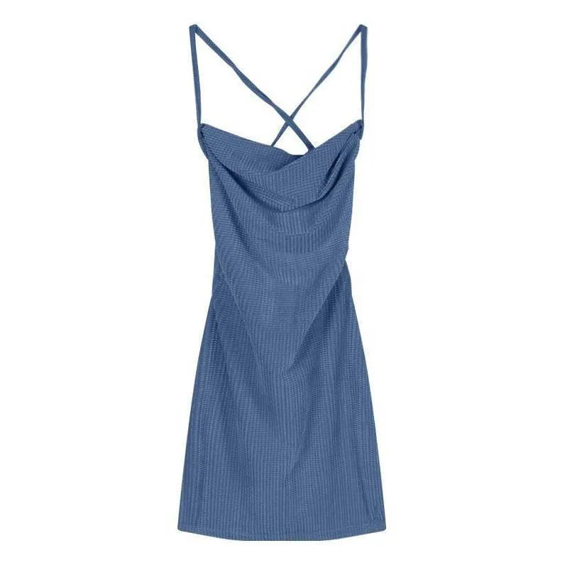 Blue strap backless skinny sheath dress with high waist and sleeveless polyester design