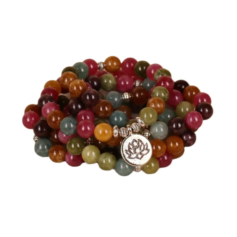 108-bead multi-layer lotus bracelet with alloy construction and tourmaline-coloured beads
