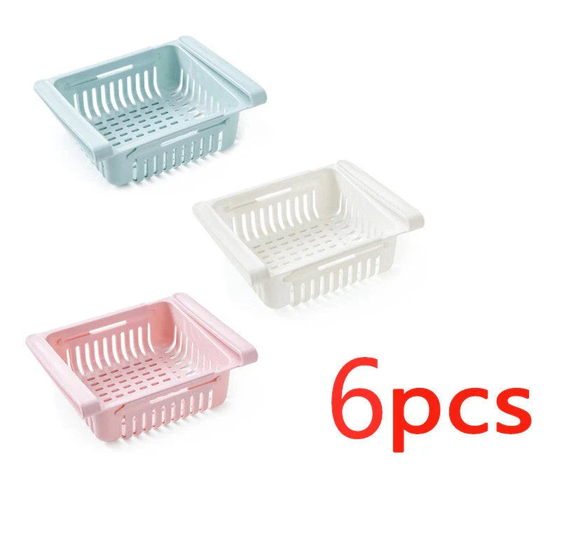 Stretchable refrigerator storage basket in white, blue, pink, and apricot colours