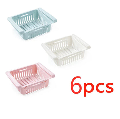 Stretchable refrigerator storage basket in white, blue, pink, and apricot colours