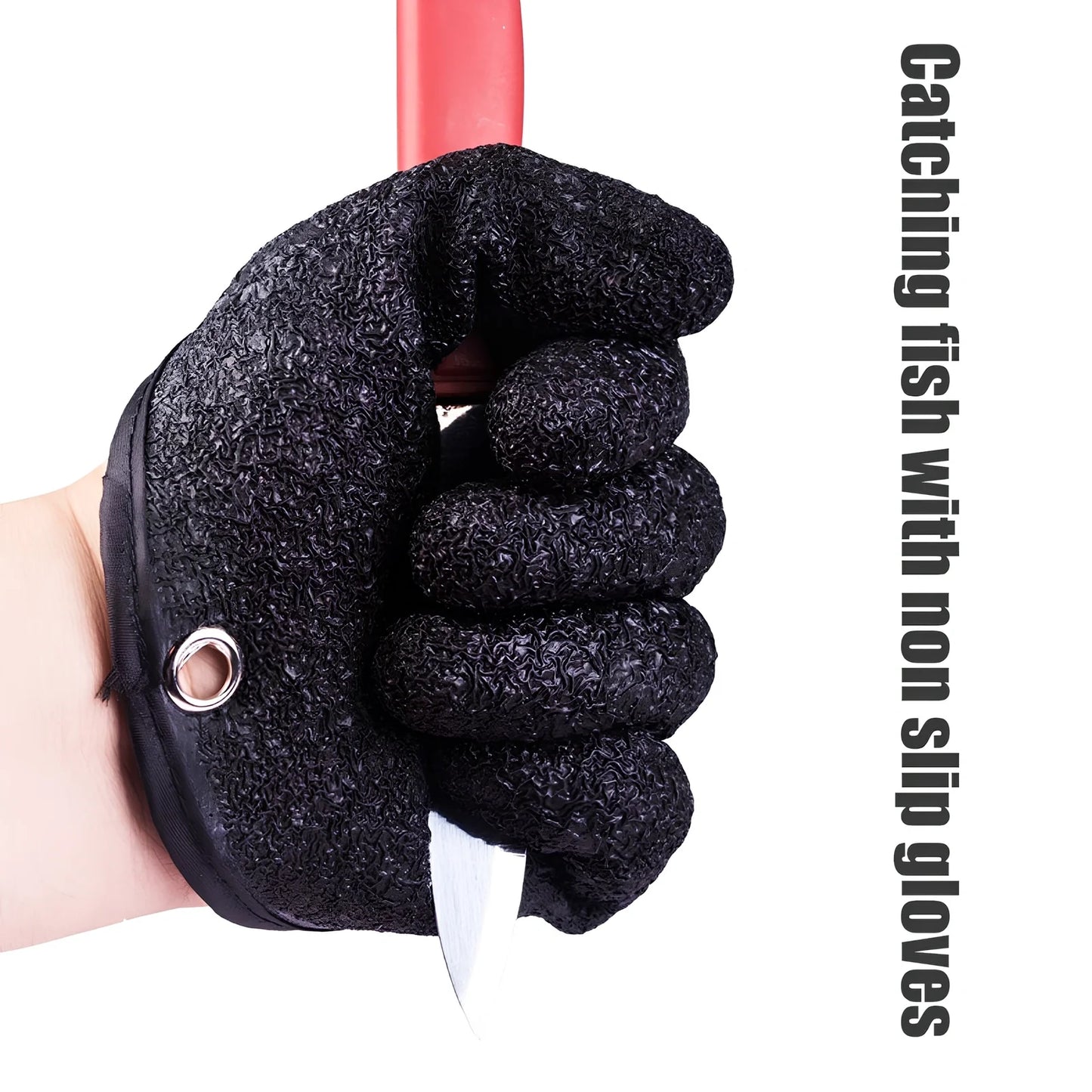 Purple anti-slip fishing gloves with latex coating and magnetic clip for puncture protection in left or right hand, 25cm length