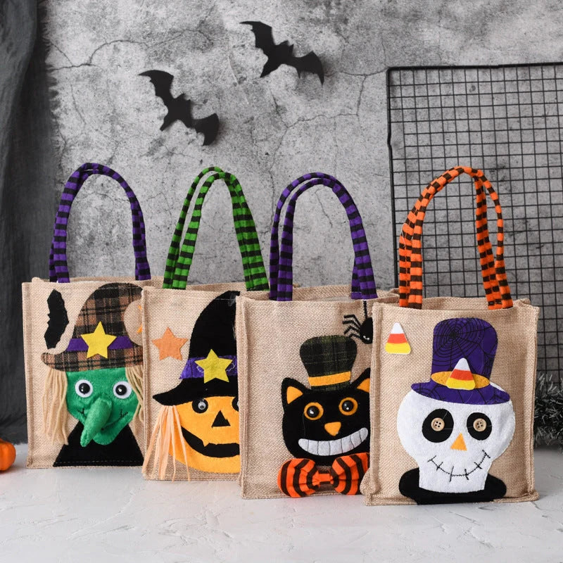 Halloween candy tote bag for kids featuring fun witch, skull, pumpkin, and black cat designs