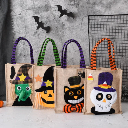 Halloween candy tote bag for kids featuring fun witch, skull, pumpkin, and black cat designs