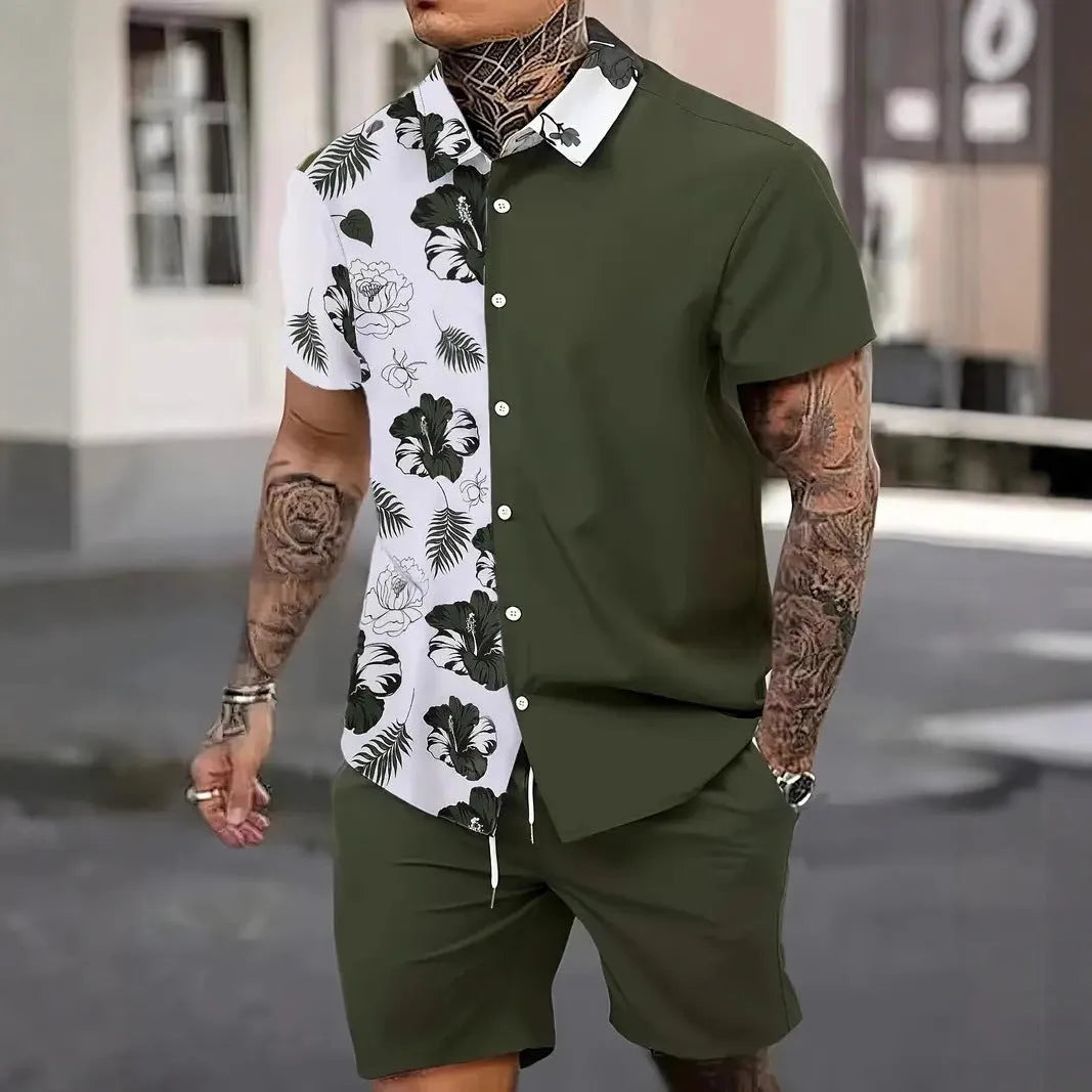 Man wearing a blue Hawaiian print short sleeve shirt and matching shorts from a casual suit set.