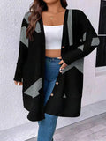 Black plus size casual cardigan coat with button stitching and printing details