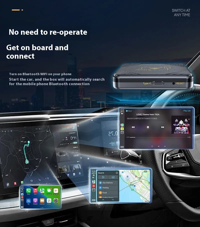 Wireless CarPlay box USB adapter in gold finish for factory car radios with Android Auto support