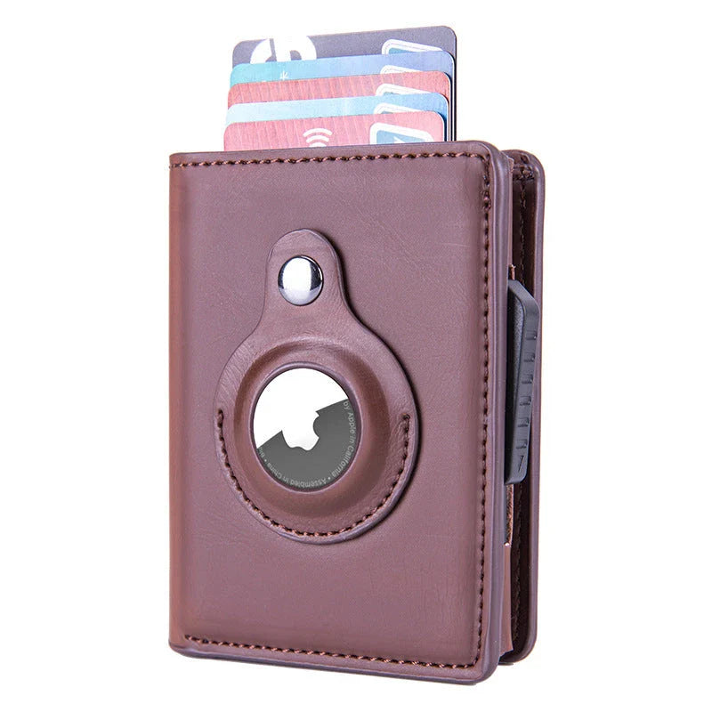 Premium RFID-blocking leather wallet with multiple card slots and dedicated compartments for cash and tracking devices