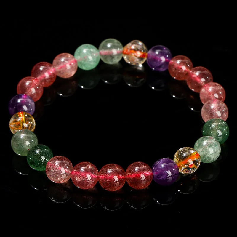 Natural tourmaline colour strawberry quartz bracelet with round beads in geometry style