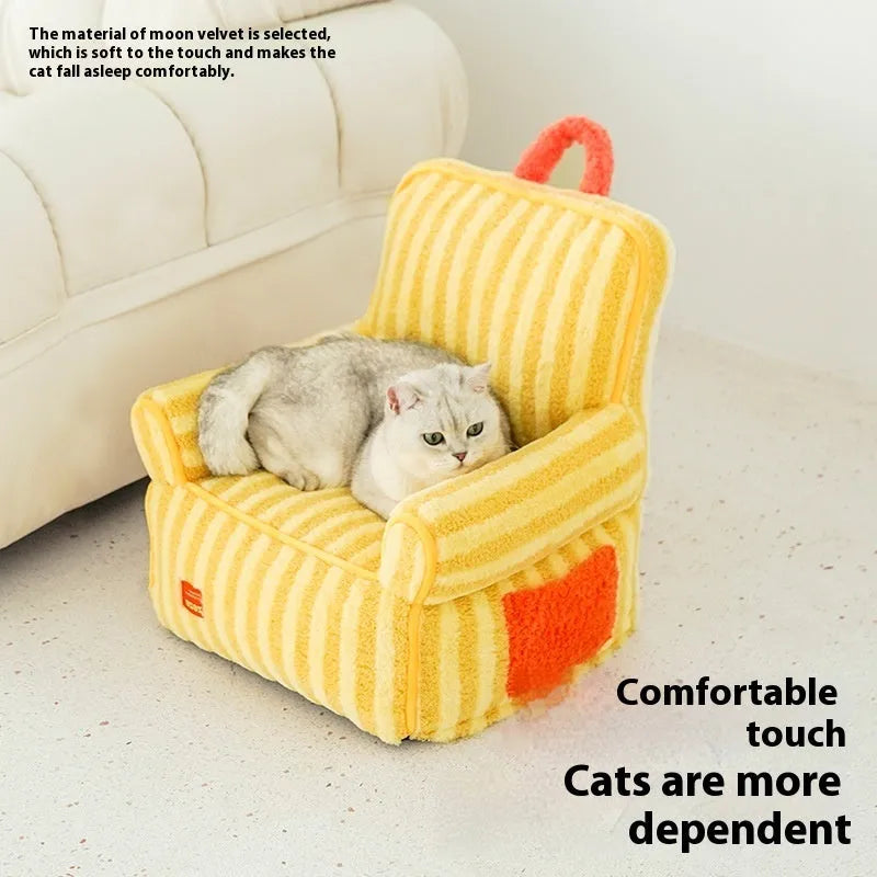 Striped soft velvet pet bed for dogs and cats in orange, purple, or yellow with a removable cover.