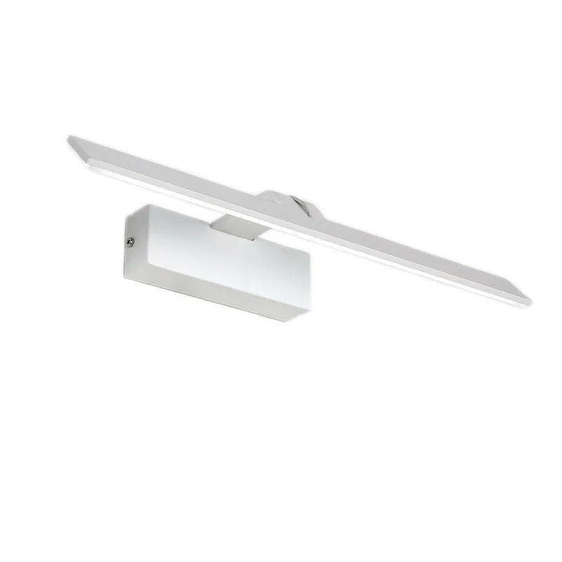 White LED mirror headlight with simple design and multiple light colours for bathroom toilet installation.