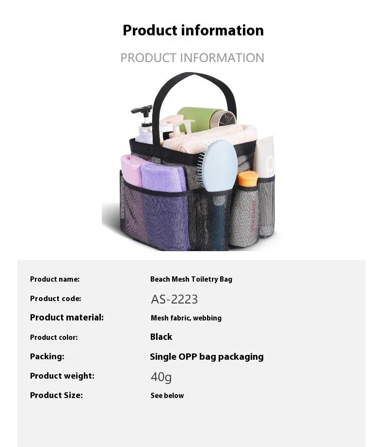 Black beach mesh toiletry bag with eight mesh pockets for organised storage