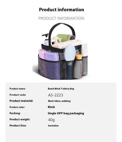 Black beach mesh toiletry bag with eight mesh pockets for organised storage