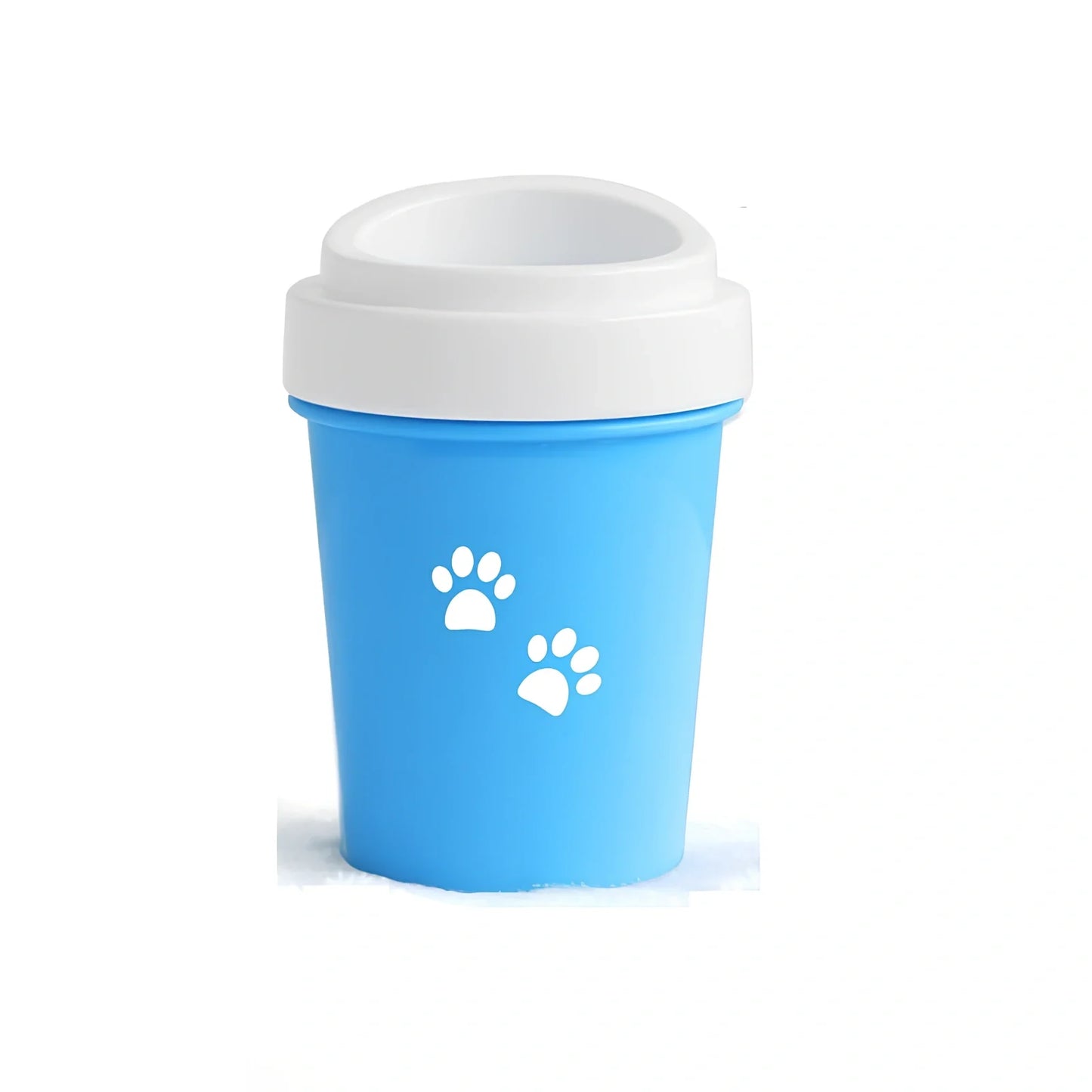 Blue silicone dog paw cleaning cup with soft bristles and stable base design