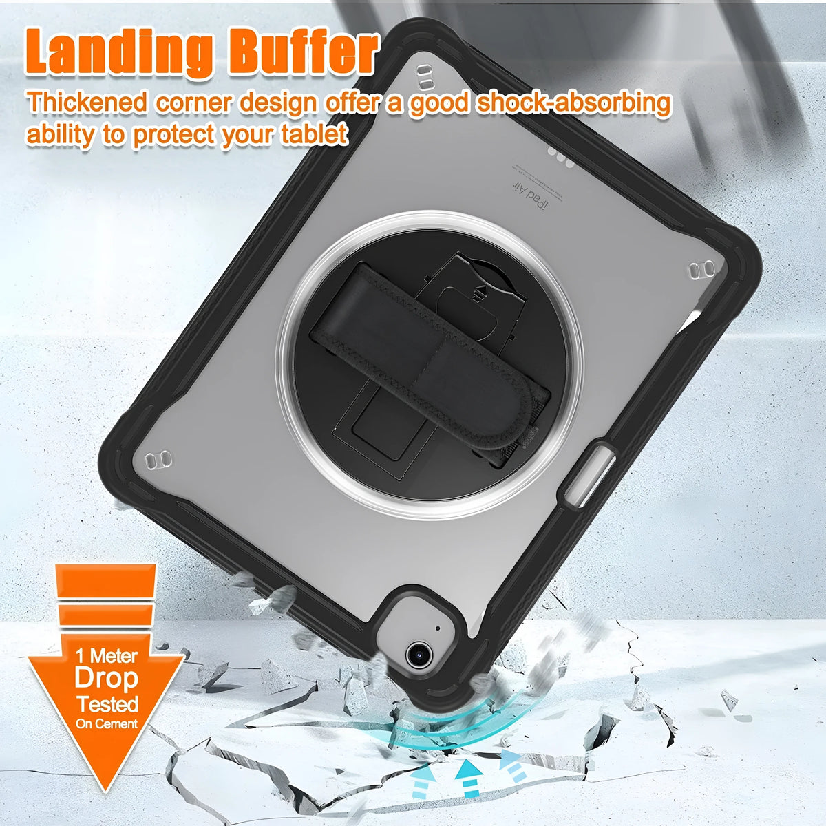 iPad Mini 6 rotating bracket case in black with lanyard and wristlet