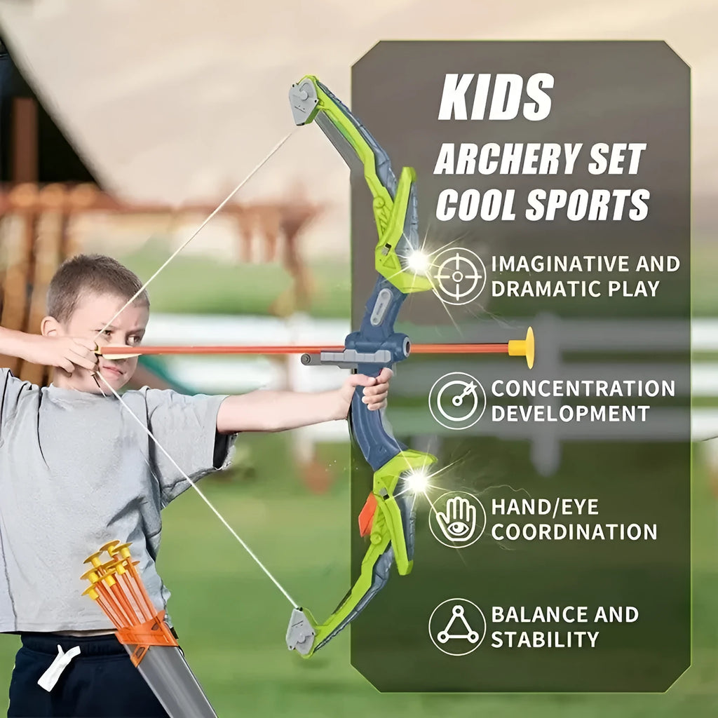 Children's bow and arrow set with green detachable bow and light-up arrows for outdoor target practice