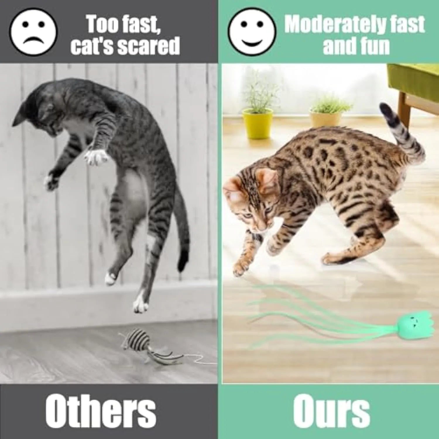 Green automatic cat wand toy with rotating silicone tails on a 38cm long wand for indoor cats
