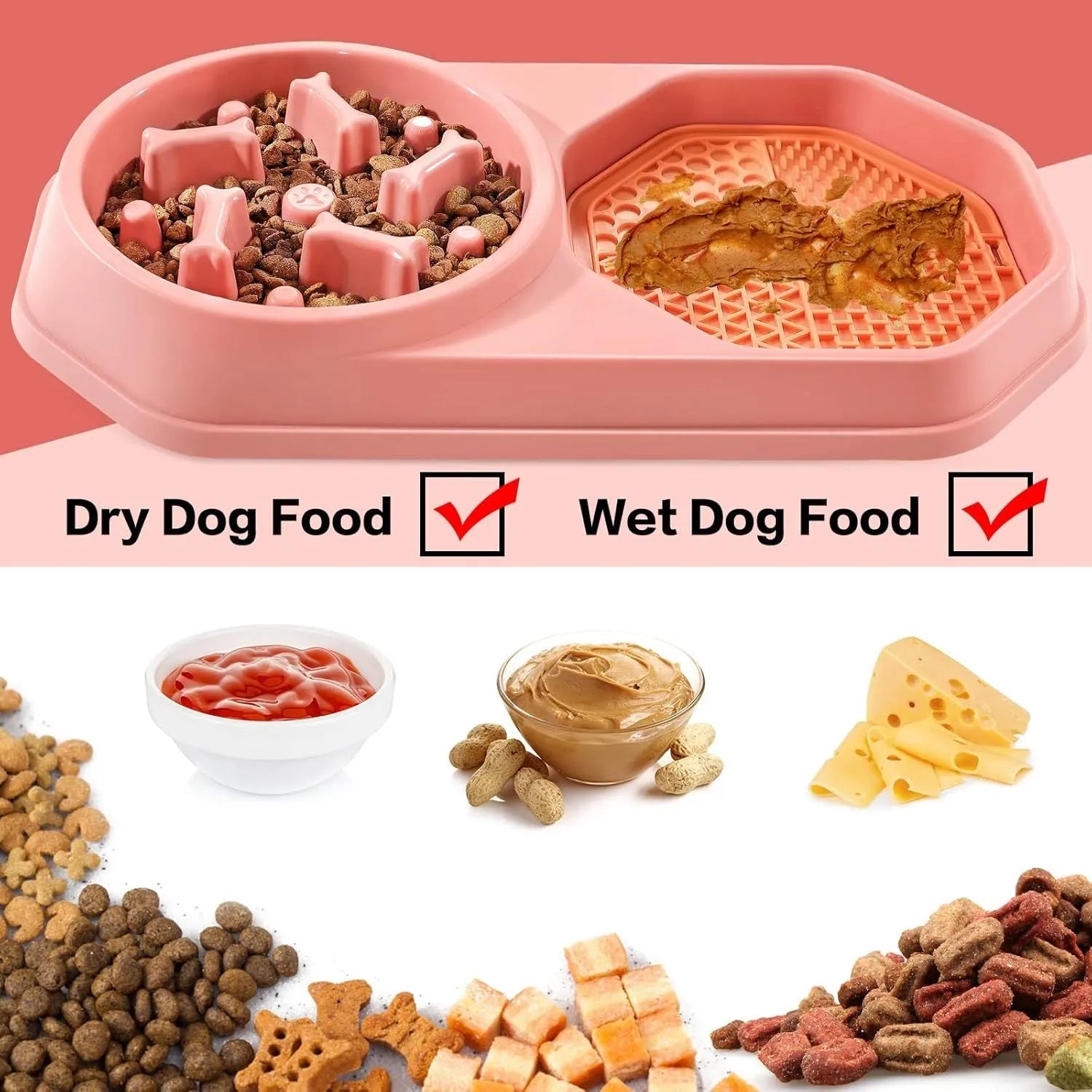 Blue slow feeder dog bowl with maze pattern for anti-gulping, non-slip base, on a wooden floor.