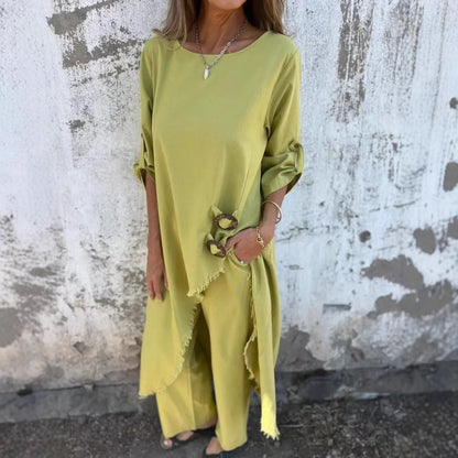 Women's loose irregular long suit set with metal buttons and wide-leg trousers in various colours