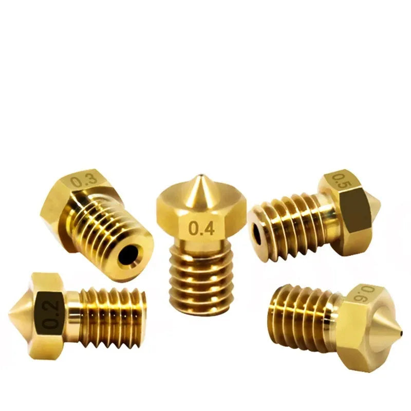 E3D style brass 3D printer nozzle with M6 thread showing multiple aperture size options