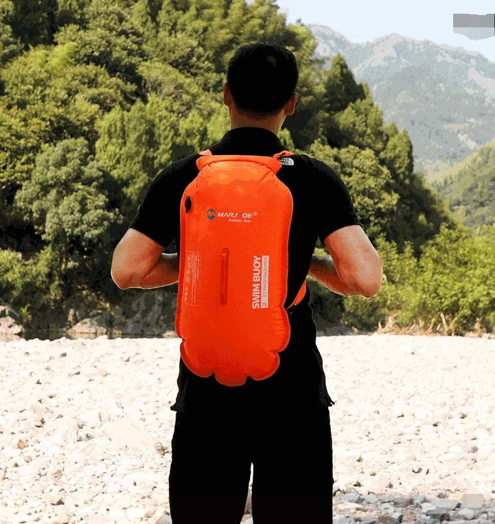 Double Airbag Swimming Buoy with detachable shoulder strap and waterproof backpack in fluorescent orange