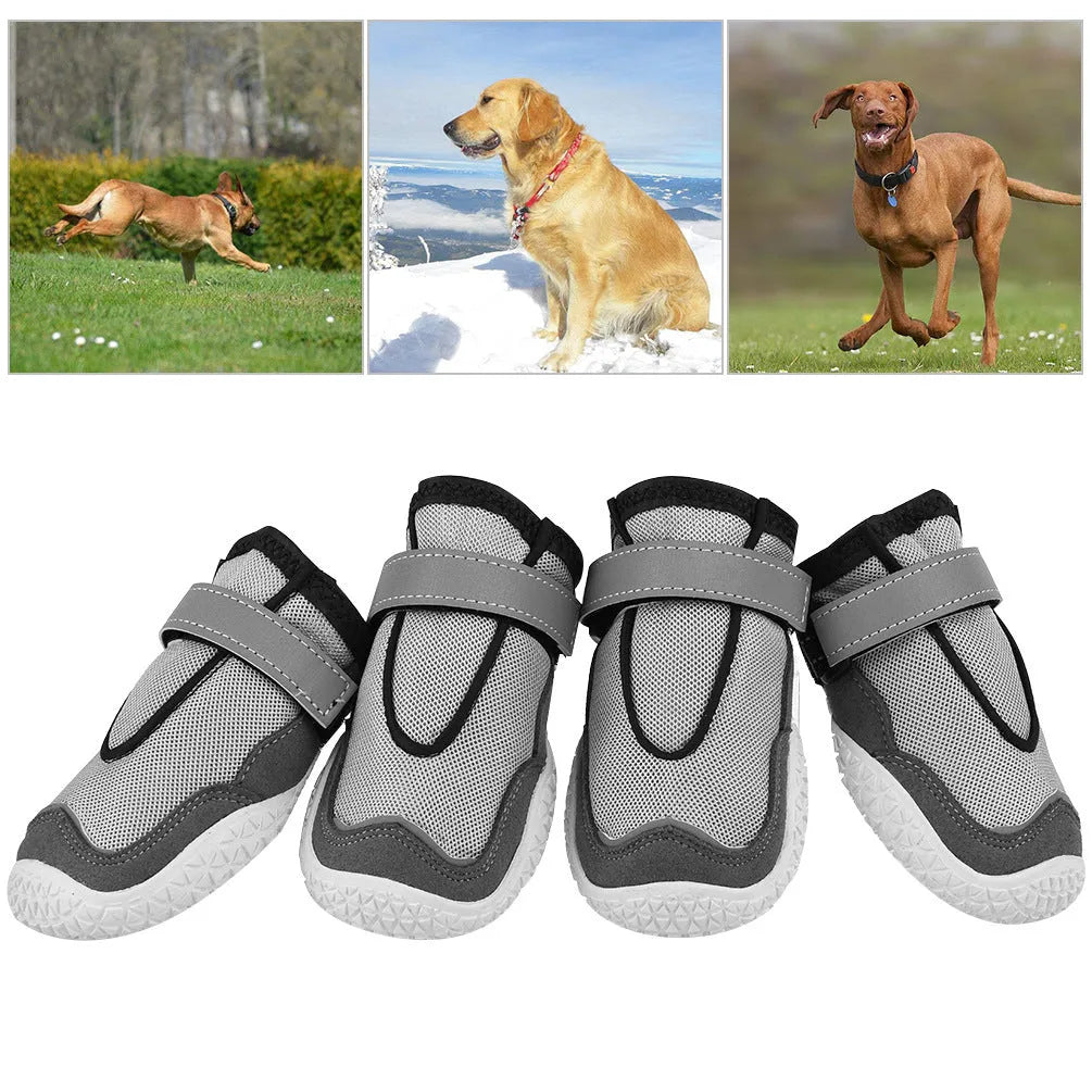 Grey wear-resistant breathable pet shoes for big dogs with reflective tape and rubber outsole