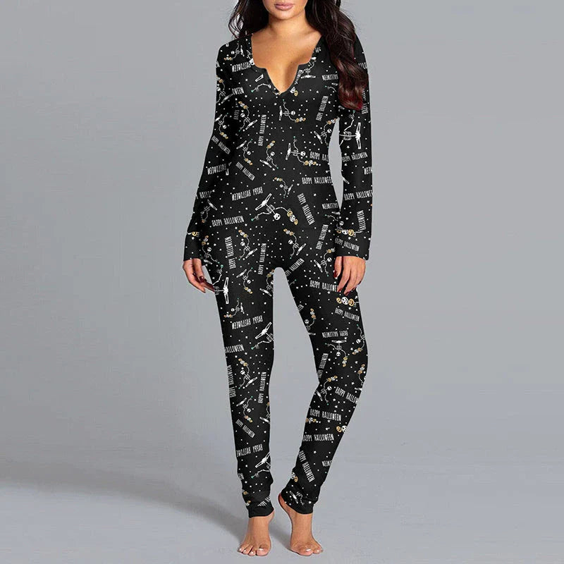 Stylish Halloween-themed pajama jumpsuit with long sleeves and a variety of vibrant prints