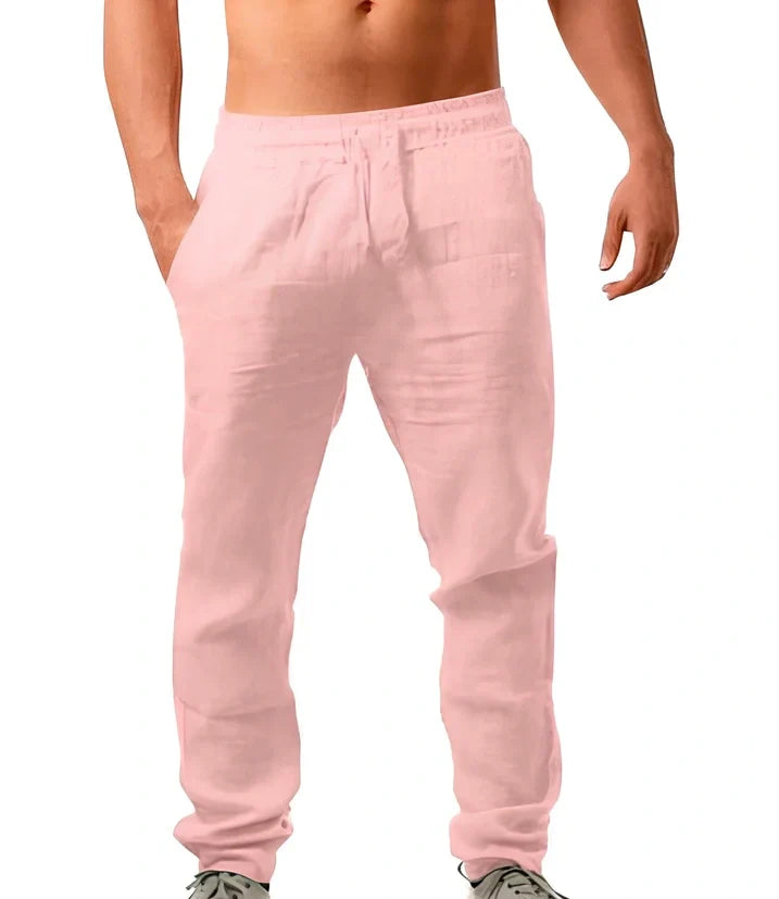 Breathable linen blend loose casual trousers in navy blue, mid-waist with belt, full length for youth leisure, sizes S-XXXL