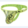 Men's camouflage snake print thong underpants in green colour showing animal pattern design