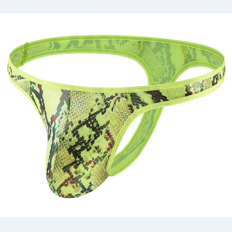 Men's camouflage snake print thong underpants in green colour showing animal pattern design