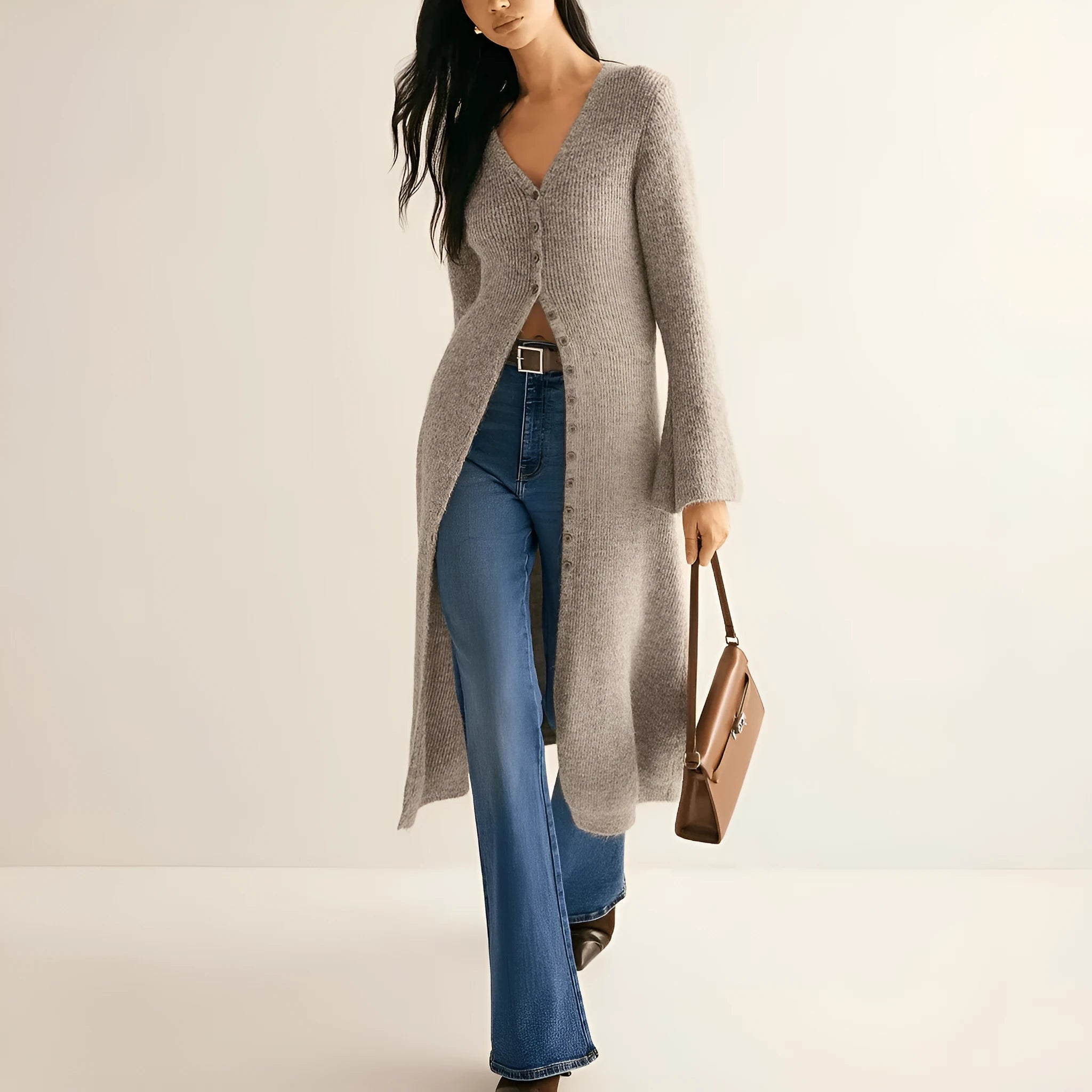 Khaki French retro style long sleeve coat cardigan with button front closure